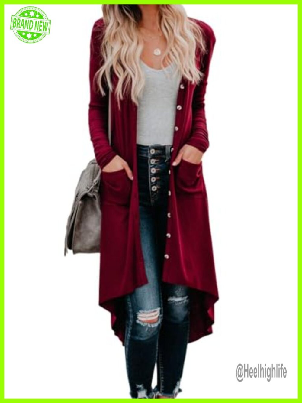 Open Front Button Down High Low Hem Knit Cardigan with Pockets